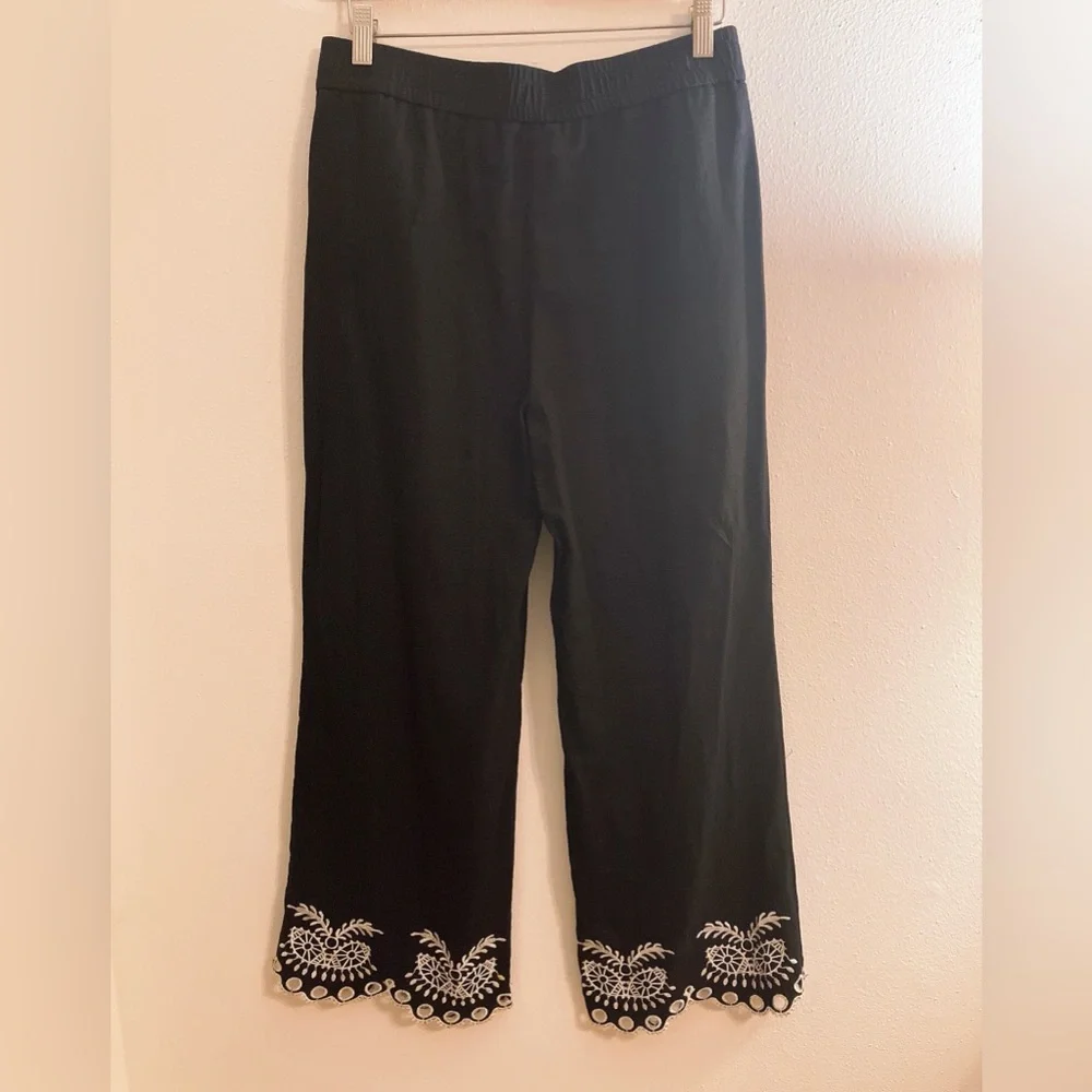 🎀 Maison D’Amelie Wide-Leg High-Rise Embroidered Hem Black Linen Ankle Pants - Picture 4 of 9